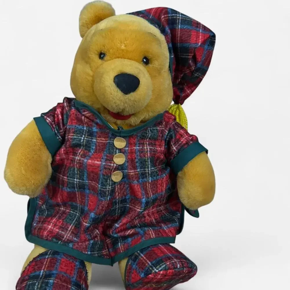 VTG 90s Winnie the Pooh stuffed animal plush plaid nightgown winter Christmas
